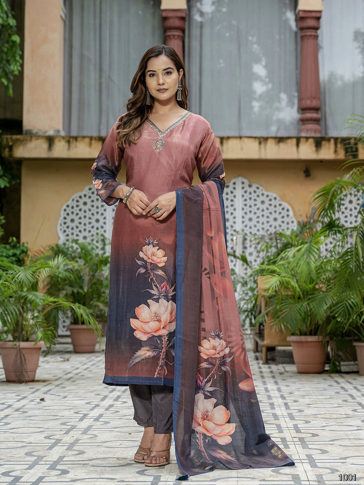 Printed Embroidered Art Silk Kurta With Pants &amp; Dupatta