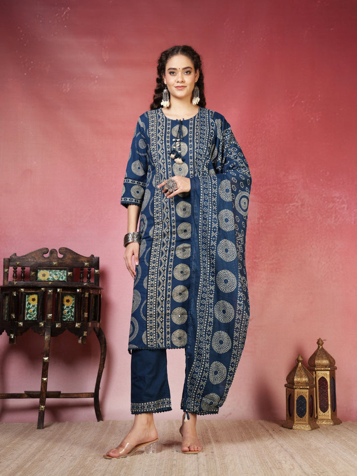 Teal Blue Cotton Blend Printed Straight Suit Set