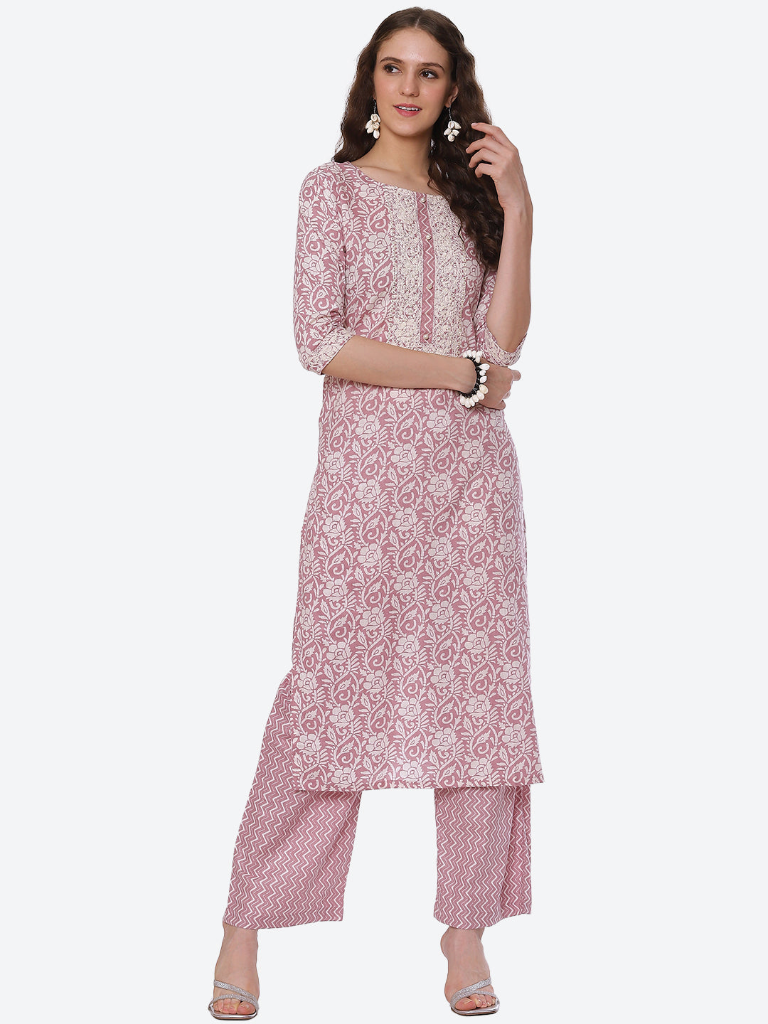 Neck Embroidered Printed Cotton Kurta With Palazzo