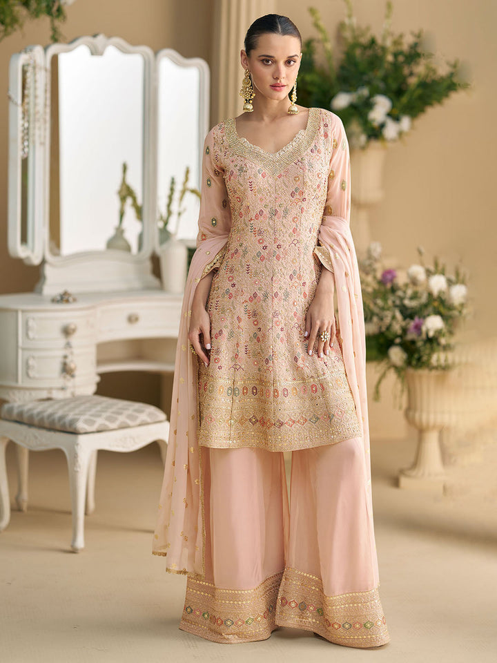 Embroidered Georgette Suit With Plazzo &amp; Dupatta