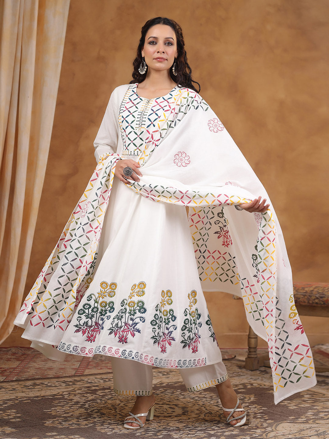 Printed Cotton Blend Kurta With Pants &amp; Dupatta