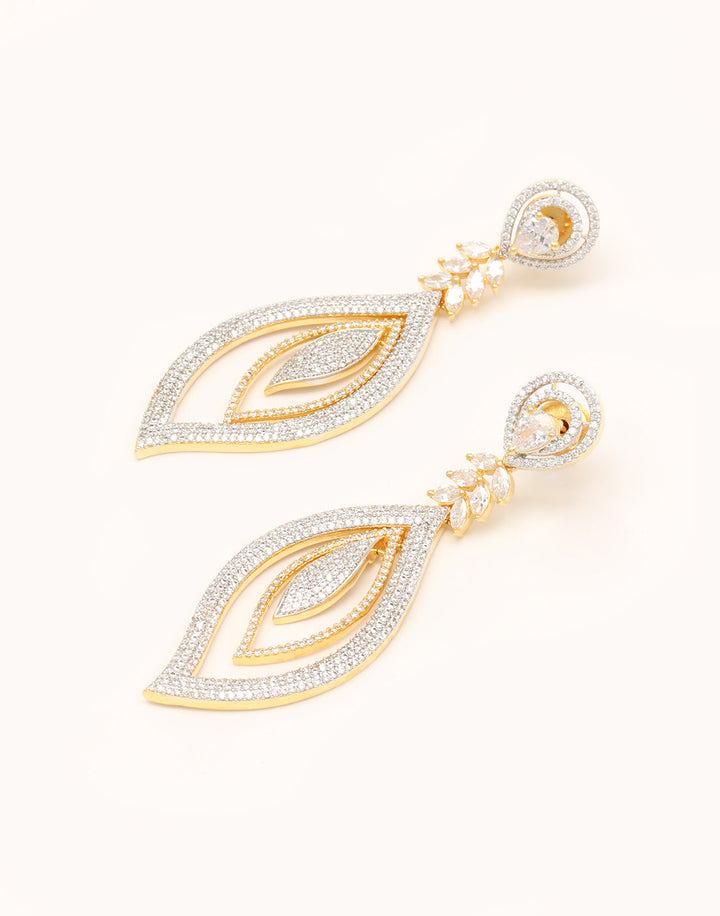 Gold Plated Leaf Shape Earrings Embellished With Diamond Stone