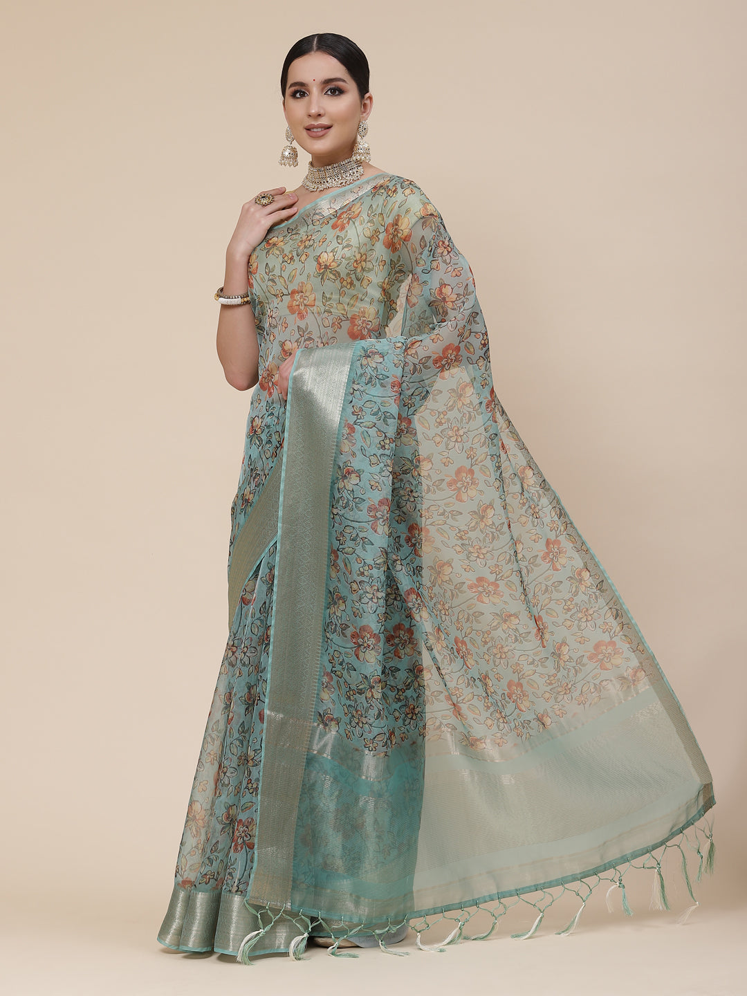 Floral Digital Printed Zari Border Organza Saree