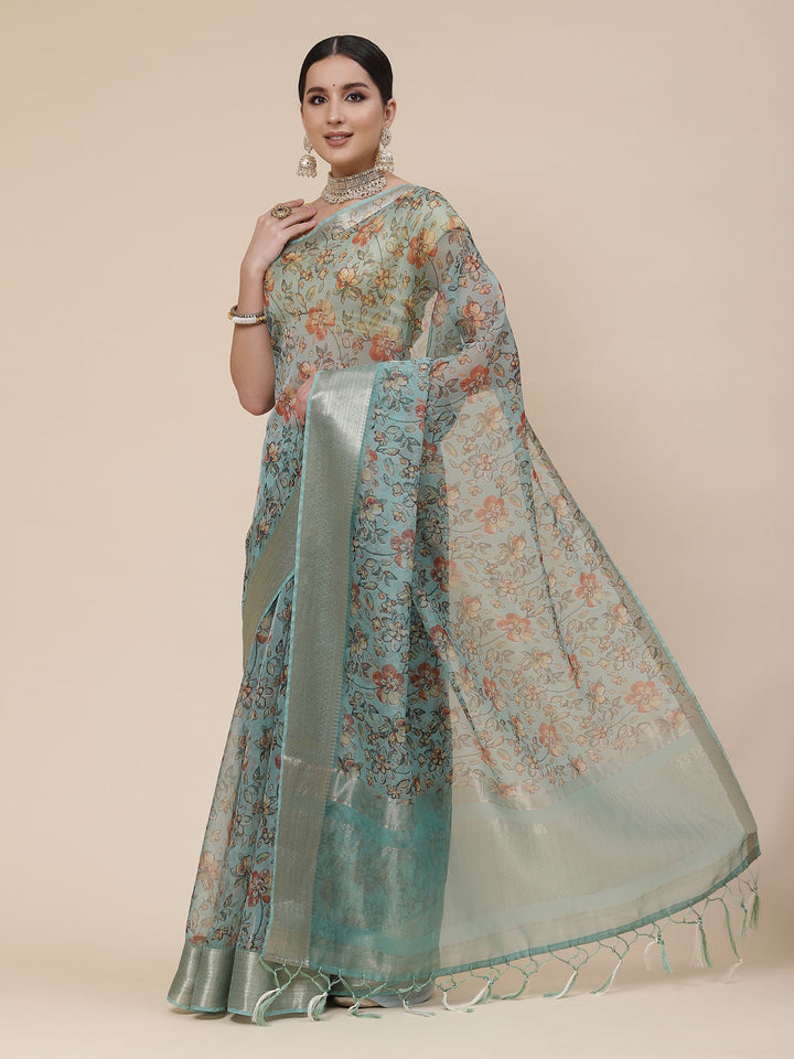 Floral Digital Printed Zari Border Organza Saree