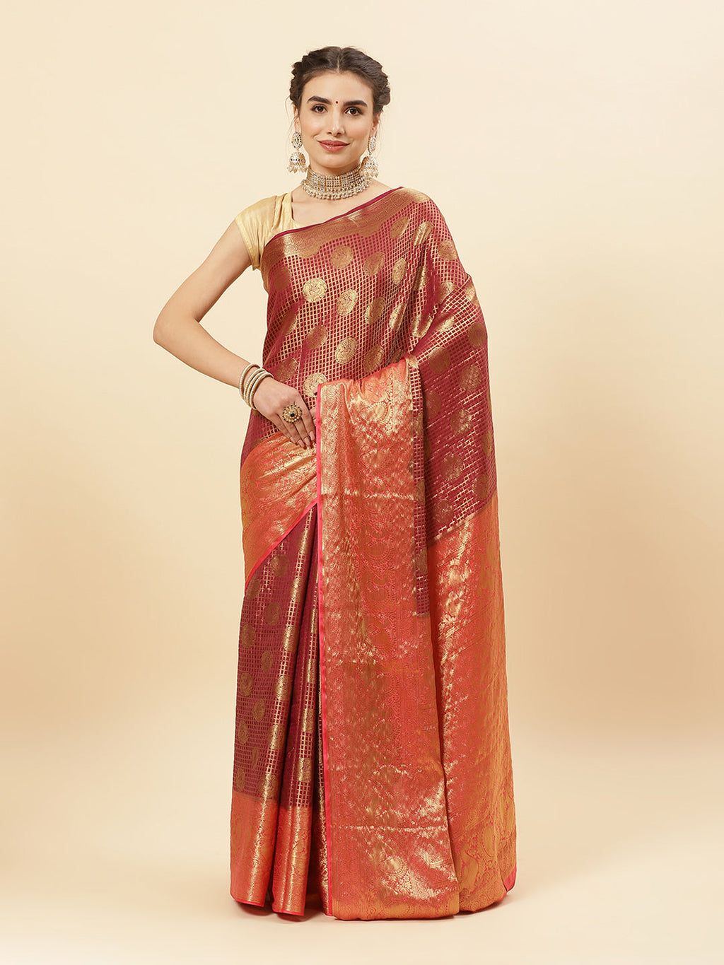 Brocade Zari Jaal Art Handloom Saree With Running Blouse