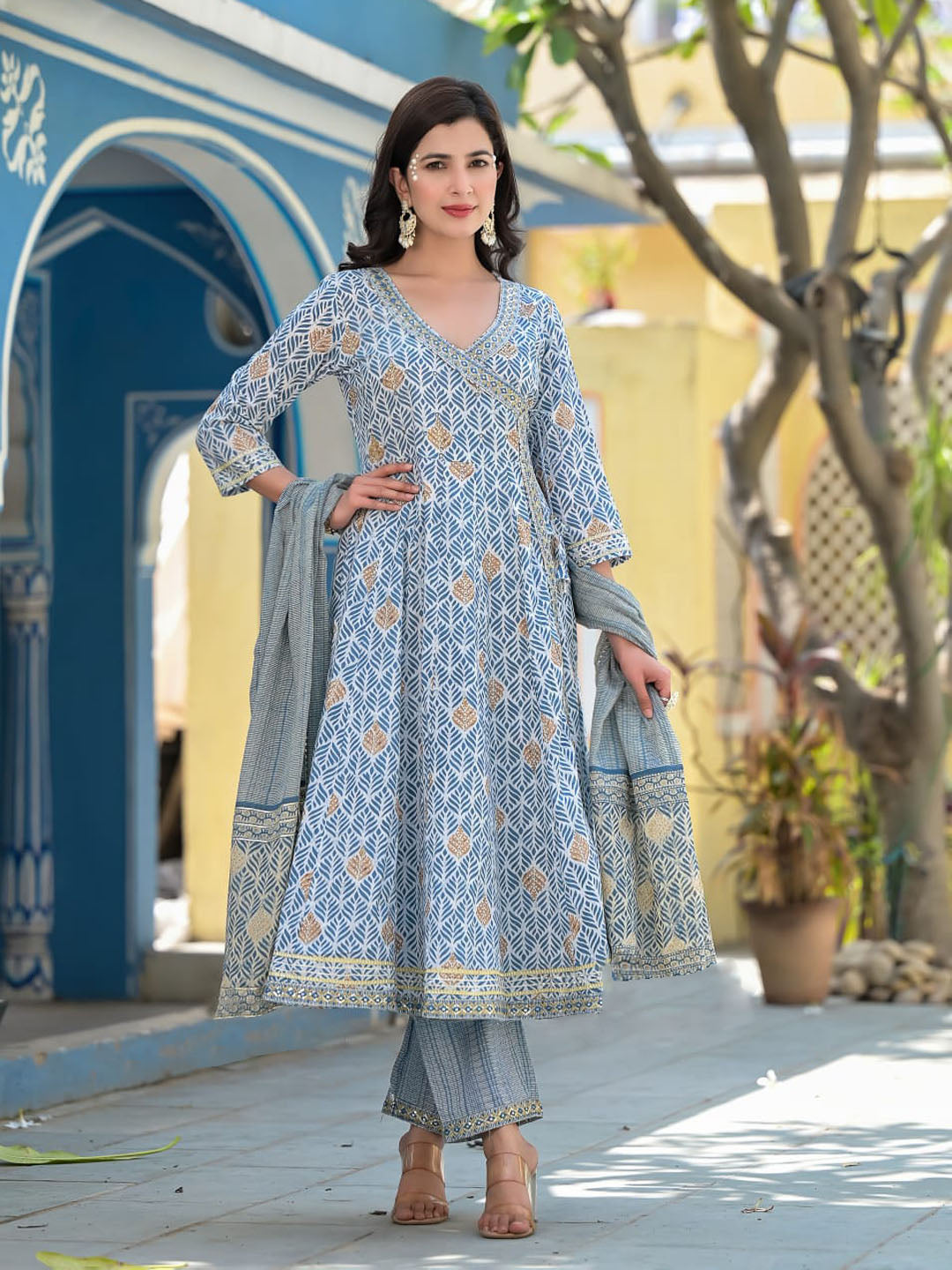 Printed Cotton Kurta With Pants &amp; Dupatta