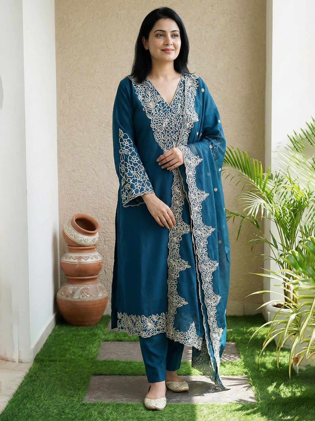 Navy Blue Cotton Blend Printed Straight Suit Set