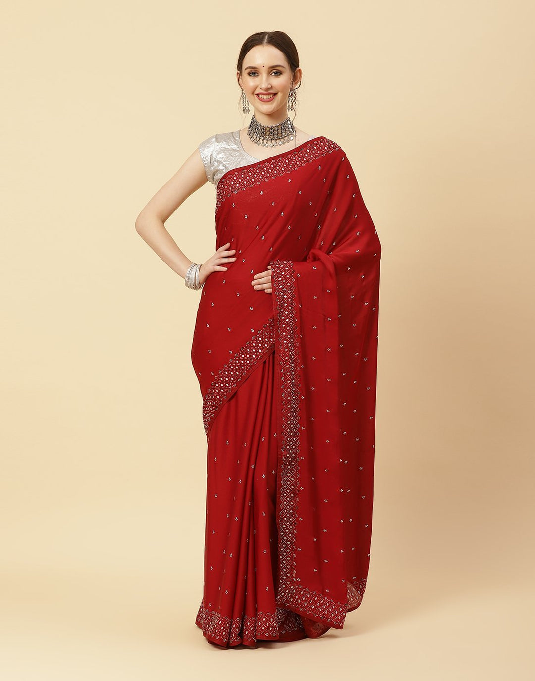 Embroidered Satin Saree With Stone Work