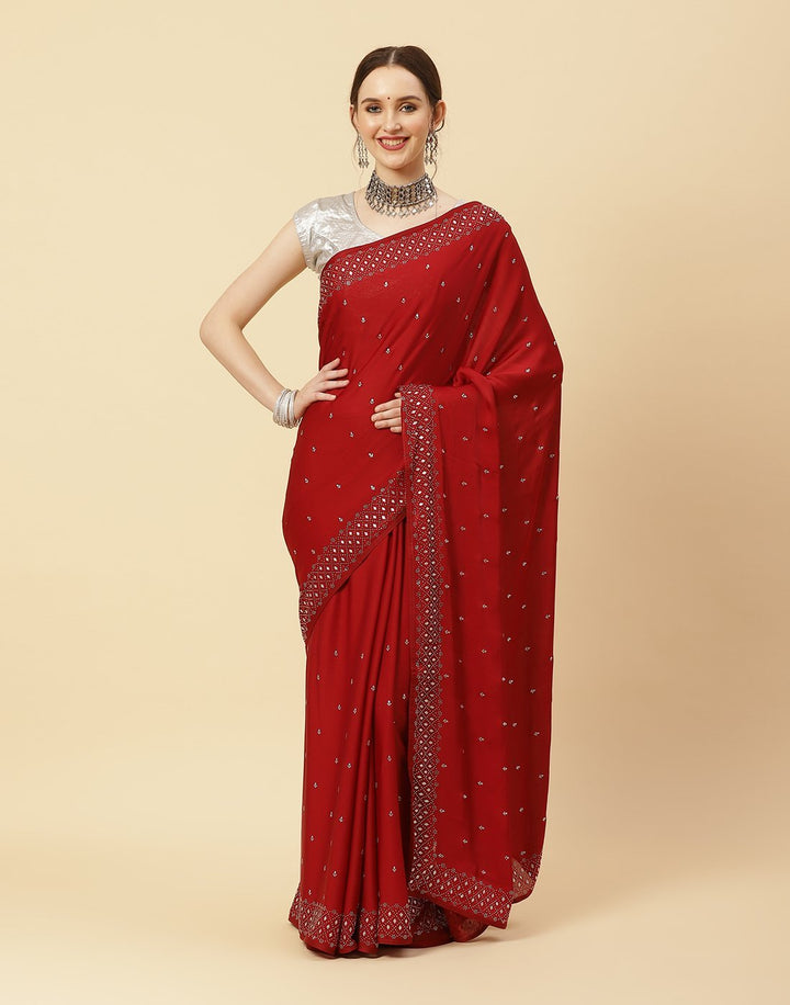 Embroidered Satin Saree With Stone Work