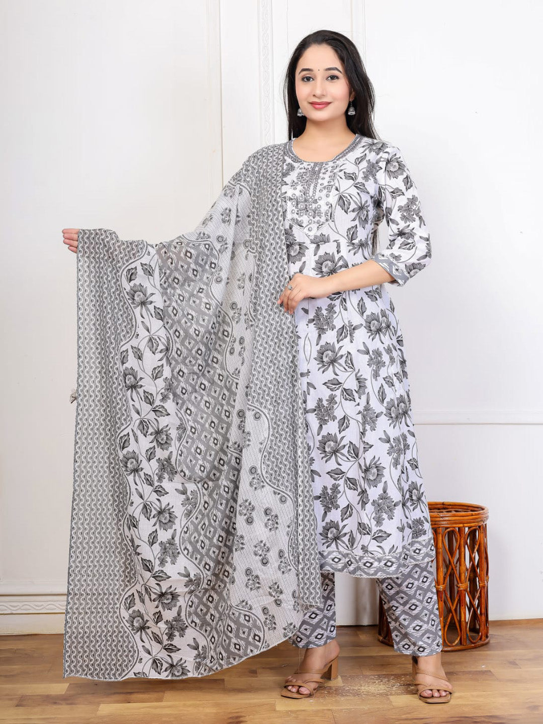 Embroidered Cotton Blend Kurta With Pant &amp; Dupatta