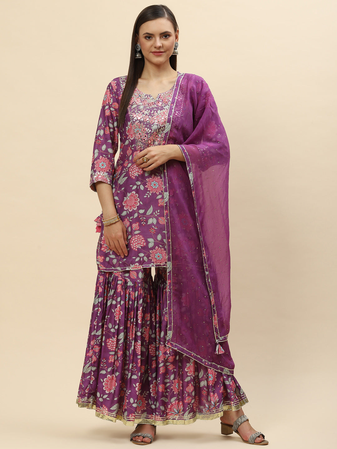 Floral Digital Printed Chanderi Kurta With Garara &amp; Dupatta