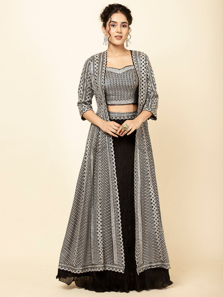Sequin Embroidered Crepe Choli With Lehenga &amp; Jacket