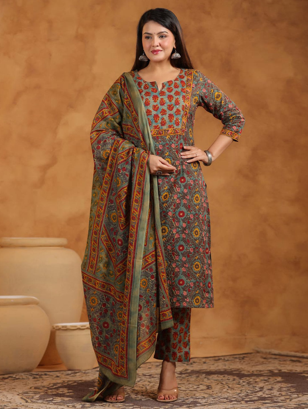 Printed Cotton Blend Kurta With Pants &amp; Dupatta