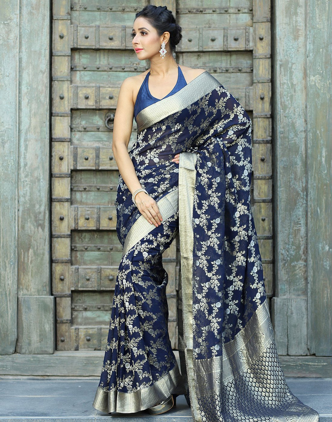 MBZ Meena Bazaar-Silver Zari Jaal Georgette Saree