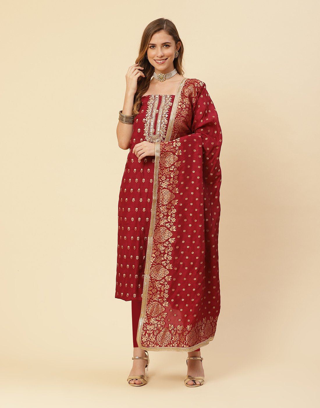 Embroidered Art Handloom Dupion Suit Piece With Banarasi Dupatta