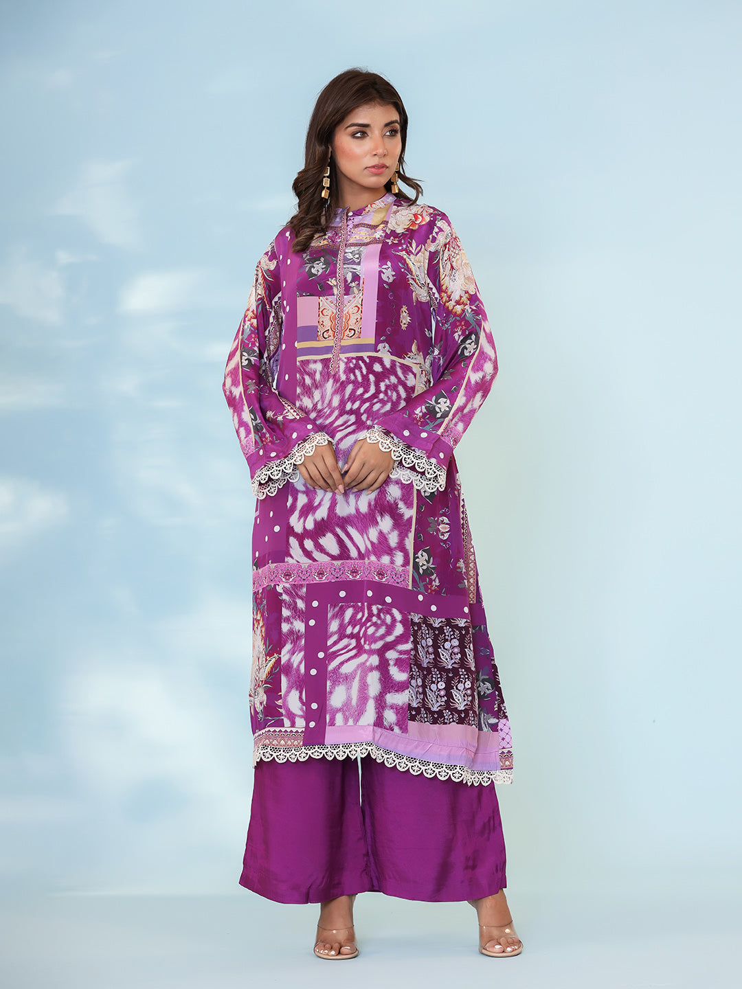 Purple Cotton Blend Printed Straight Suit Set