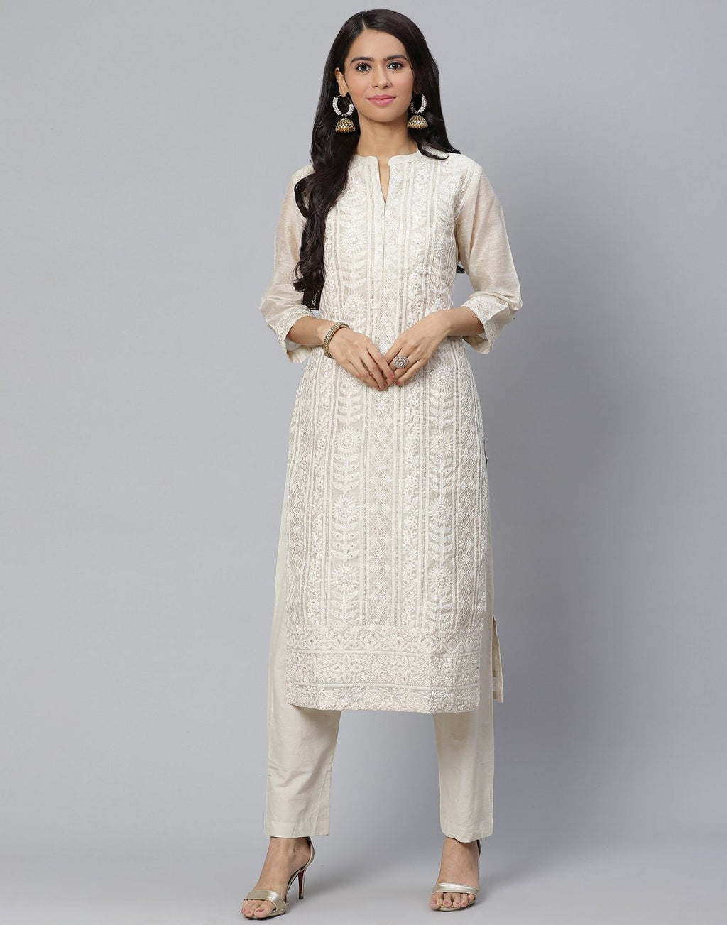 Embroidered Chanderi Kurti Set