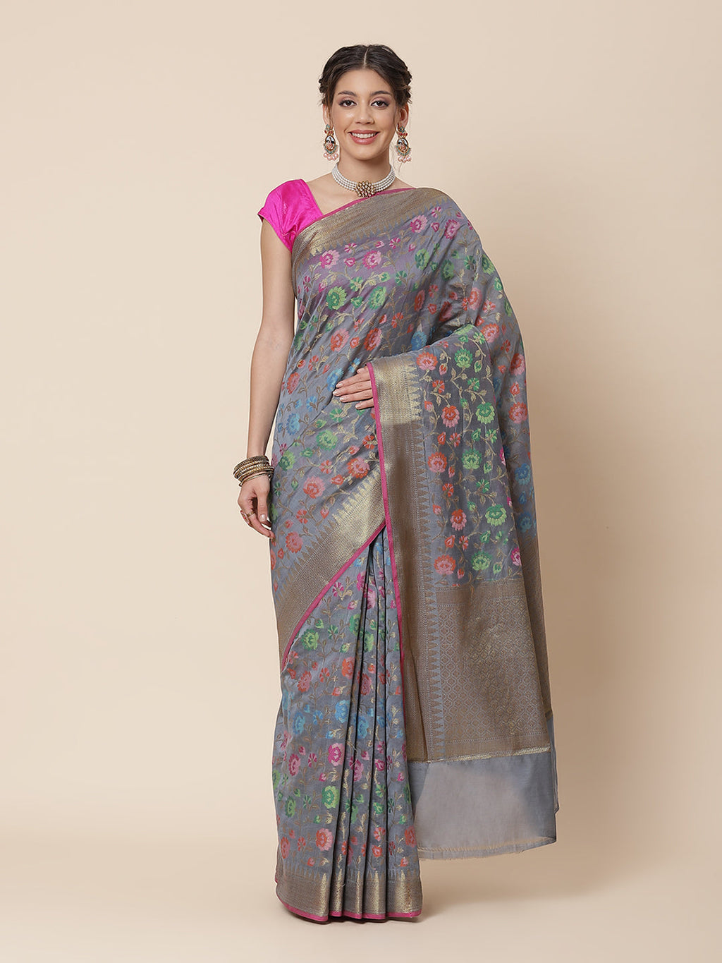 Floral Zari Jaal Cotton Woven Saree