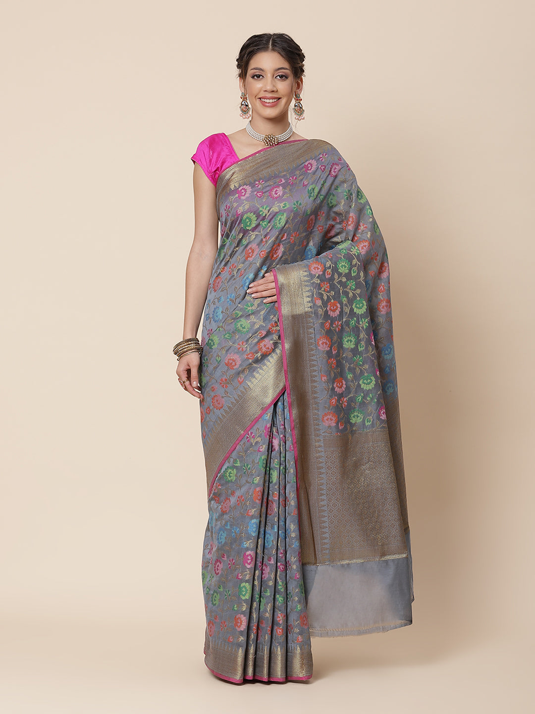 Floral Zari Jaal Cotton Woven Saree