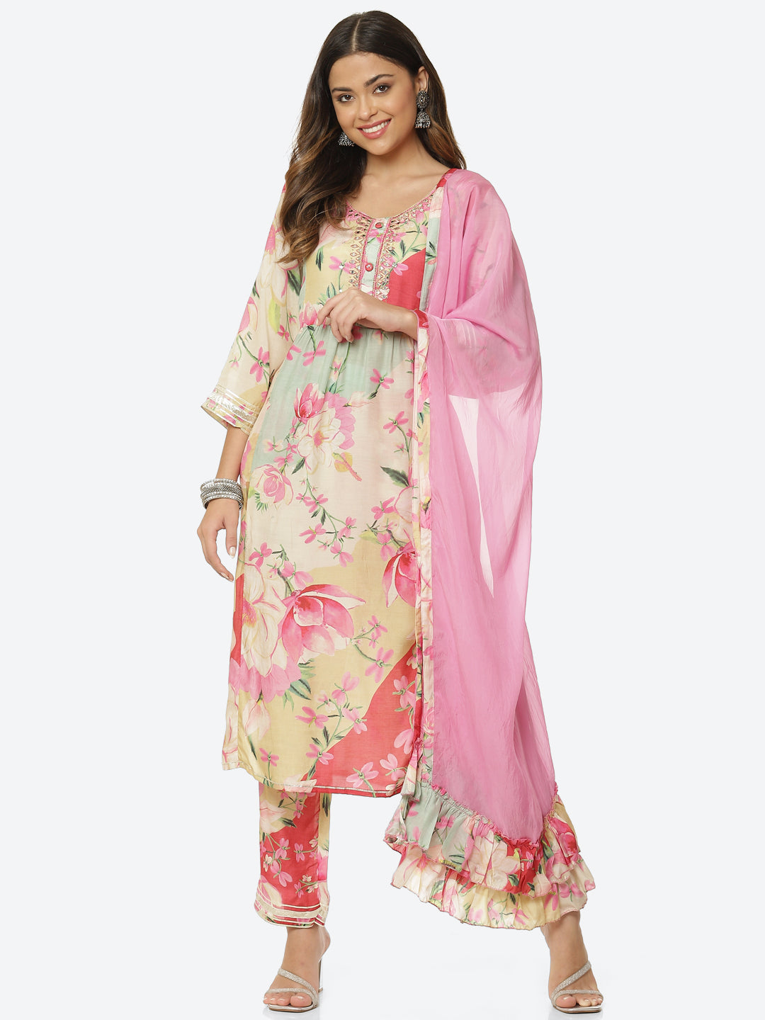 Floral Printed Muslin Kurta With Pant &amp; Dupatta