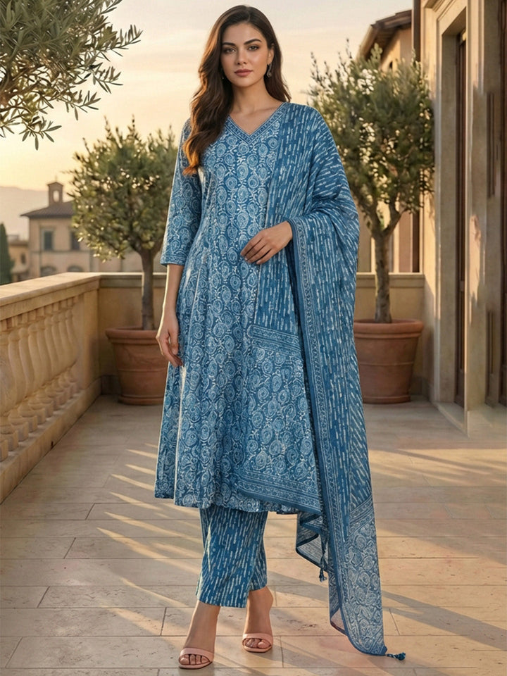 Printed Cotton Blend Suit With Pant &amp; Dupatta
