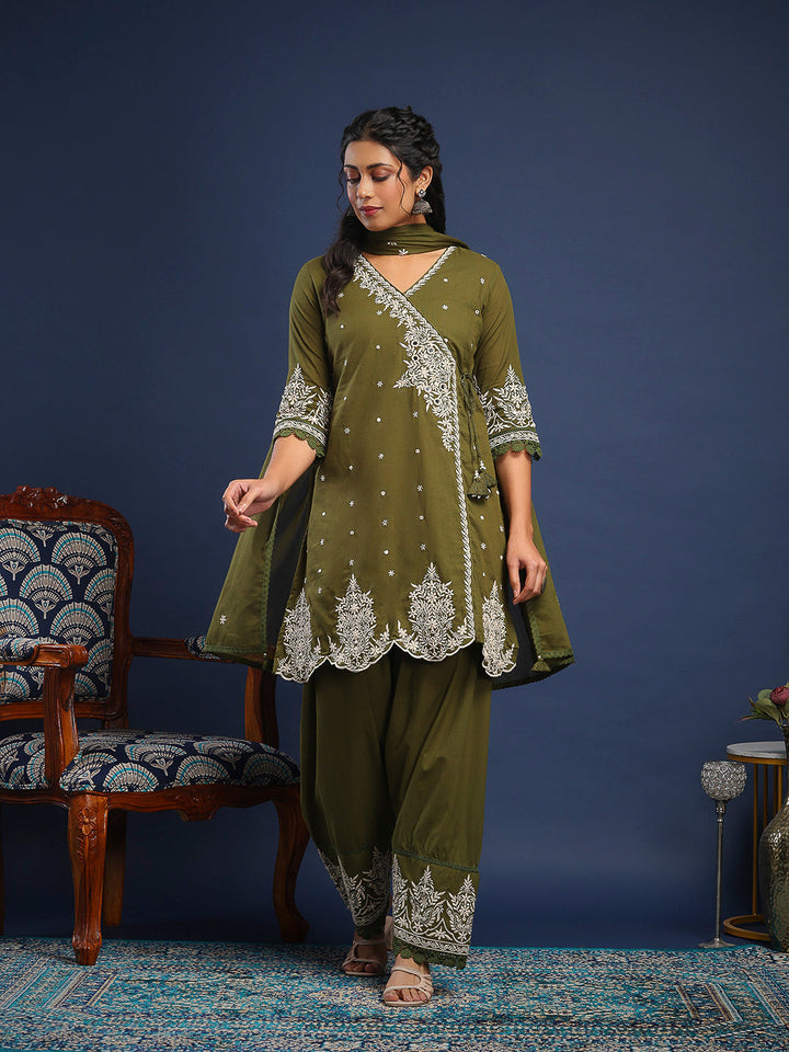 Embroidered Cotton Kurta With Pant &amp; Dupatta