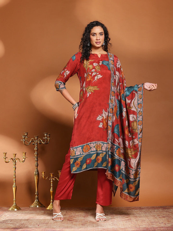 Floral Print Muslin Kurta With Pant &amp; Dupatta