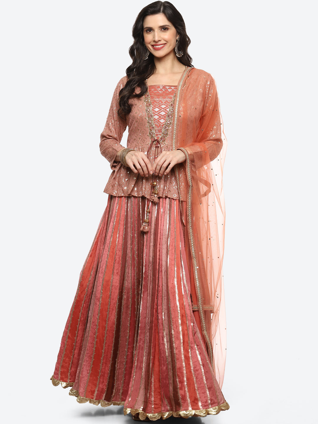Resham Embroidered Georgette Choli Jacket With Lehenga &amp; Dupatta