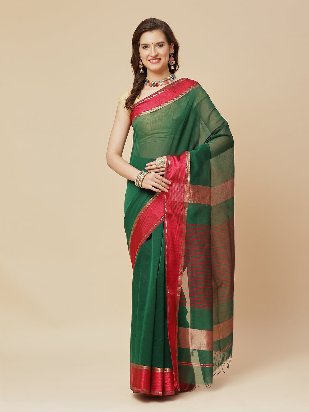 Plain Zari Border Cotton Woven Saree