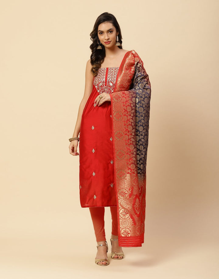 Embroidered Chanderi Suit Piece With Chanderi Banarasi Dupatta