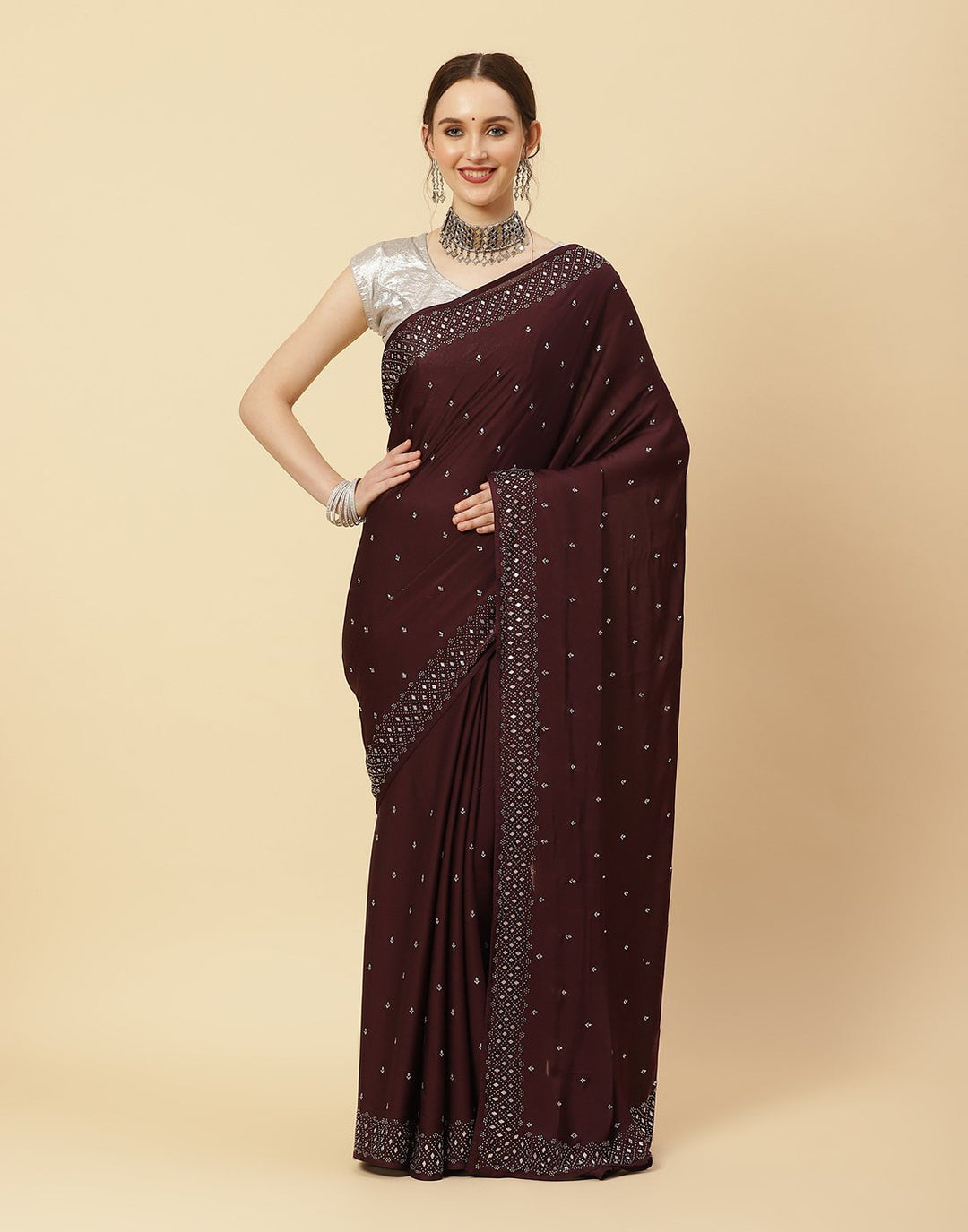 Embroidered Satin Saree With Stone Work