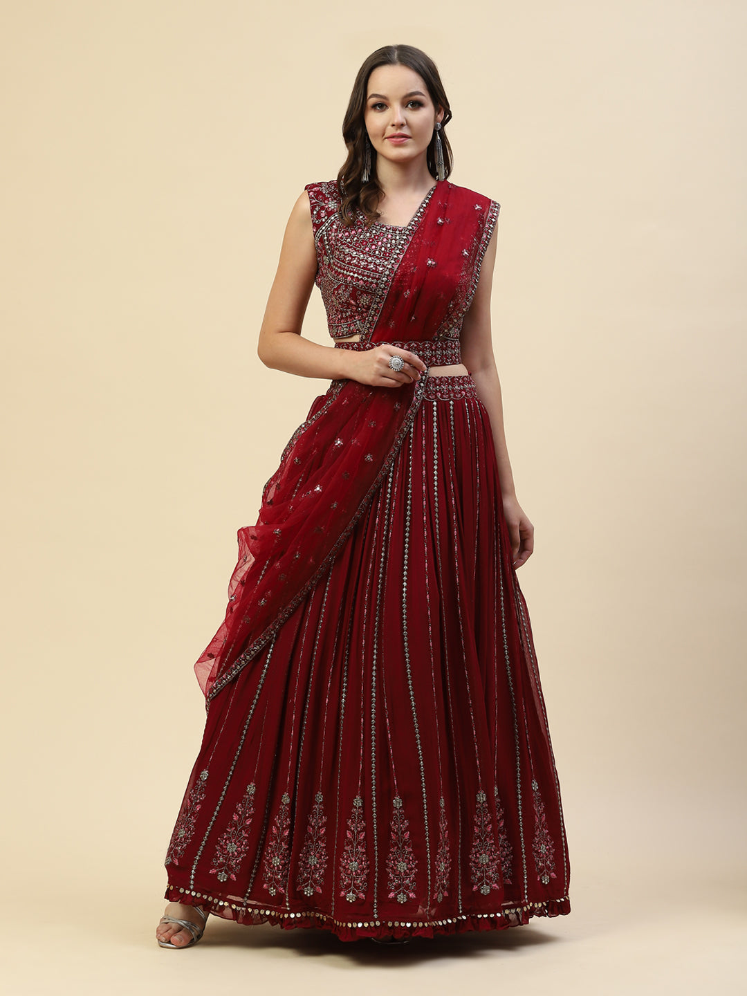 Resham Embroidered Georgette Choli With Lehenga &amp; Net Dupatta