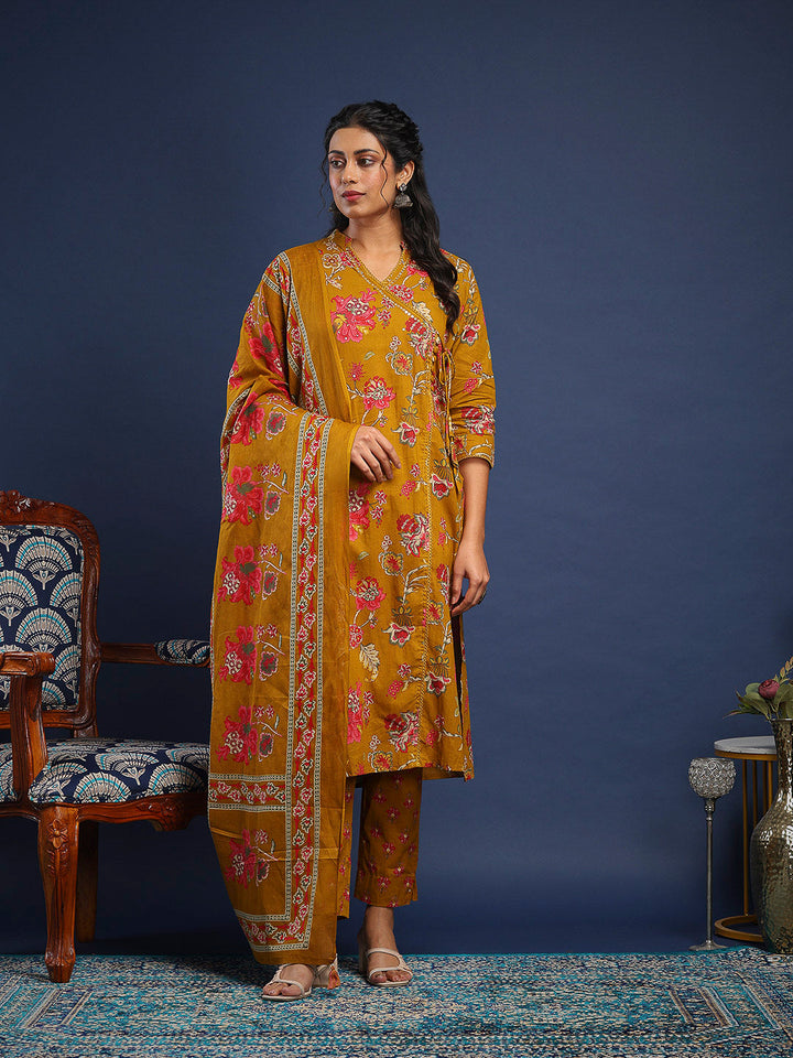 Mustard Cotton Blend Printed A Line Suit Set