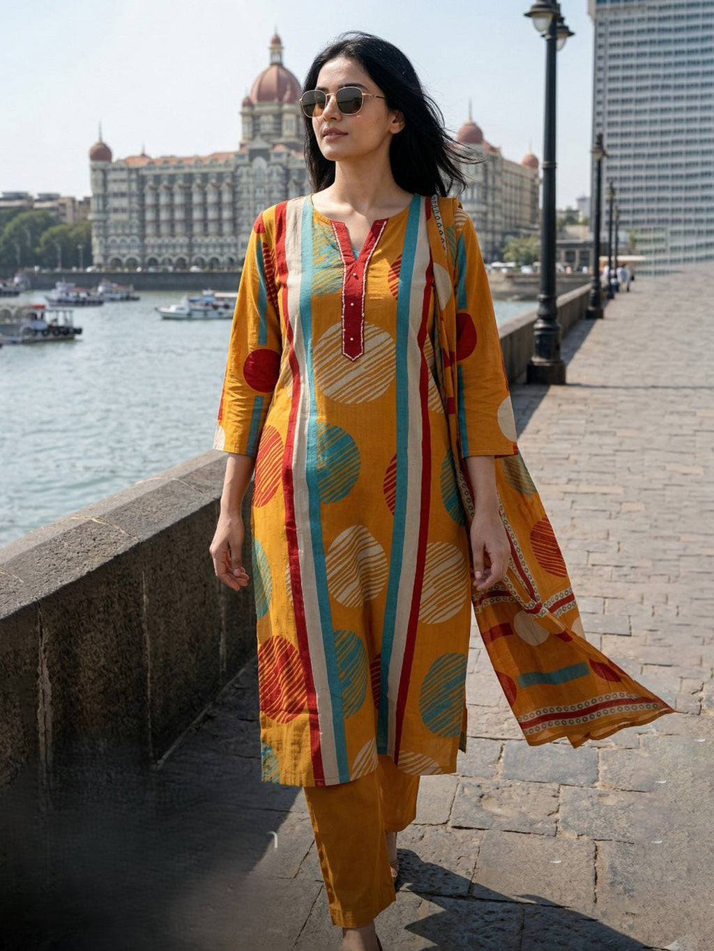 Yellow Embroidered Cotton Blend Straight Suit Set With Dupatta