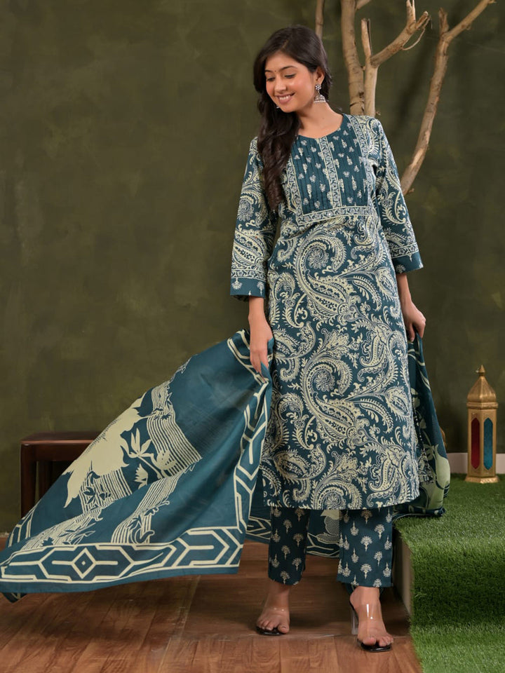 Blue Embroidered Cotton Blend Straight Suit Set With Dupatta