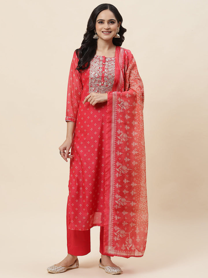 Bandhani Printed Chanderi Kurta With Pants &amp; Dupatta