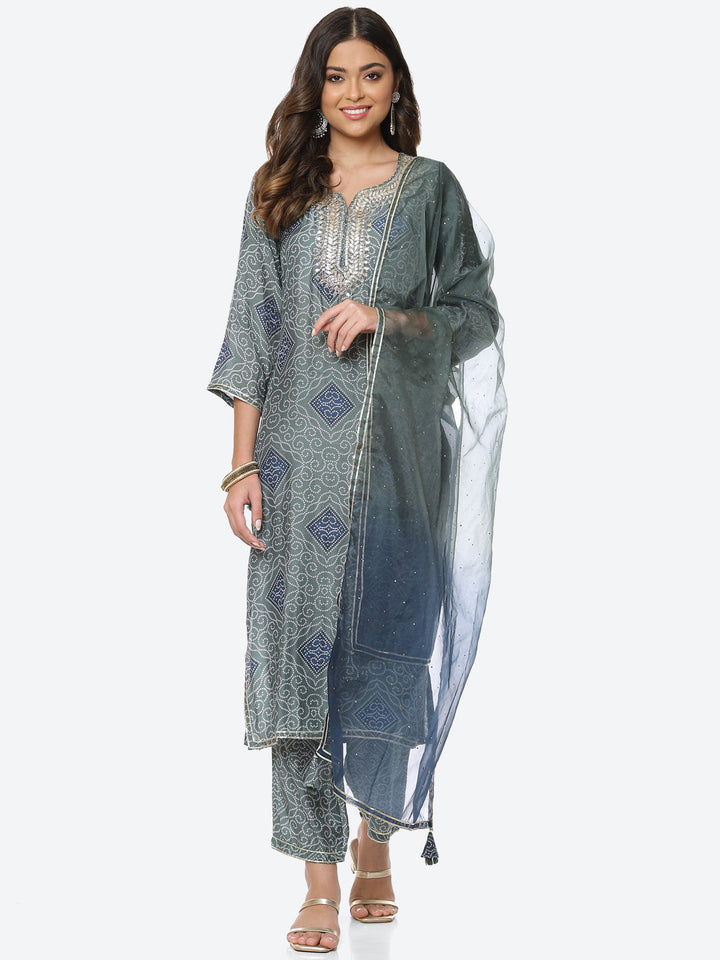 Printed Gota Neck Cotton Kurta With Pant &amp; Dupatta