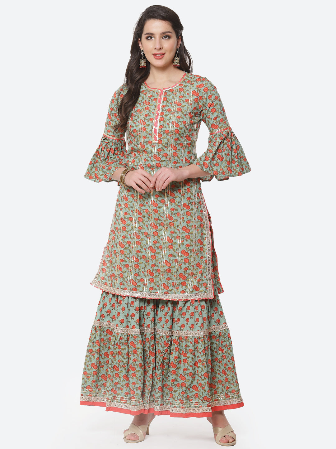 Floral Printed Gota Work Cotton Kurti With Sharara