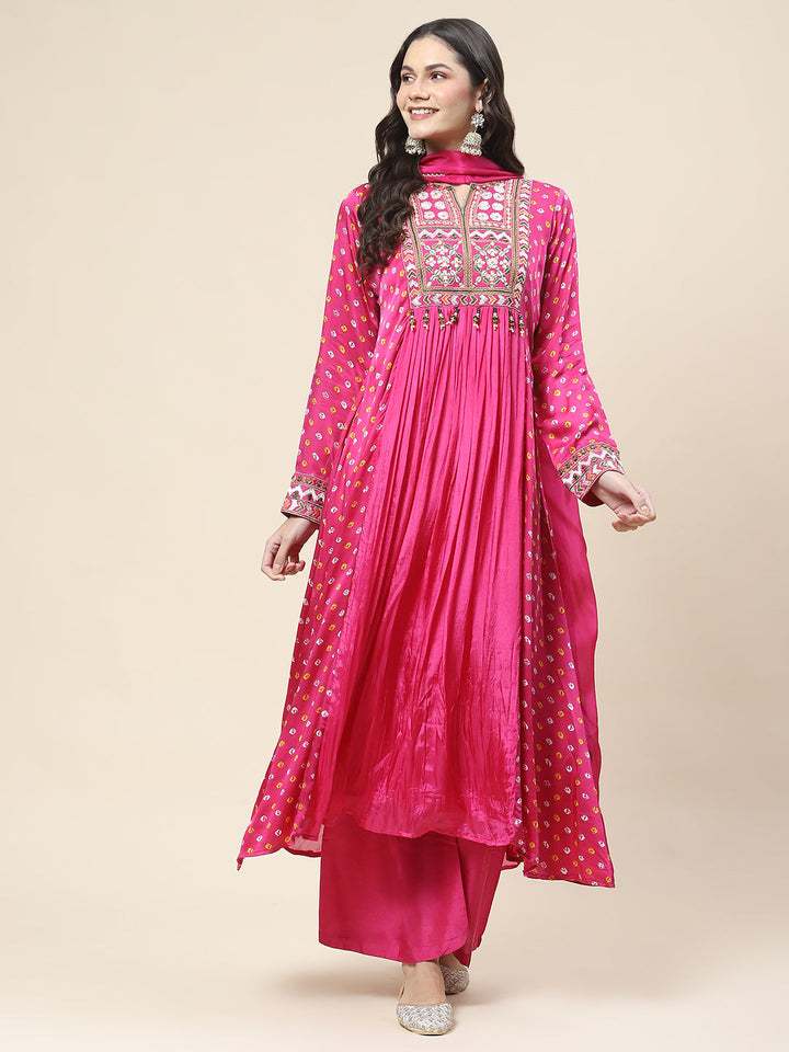 Bandhani Printed Crepe Kurta With Pants &amp; Dupatta