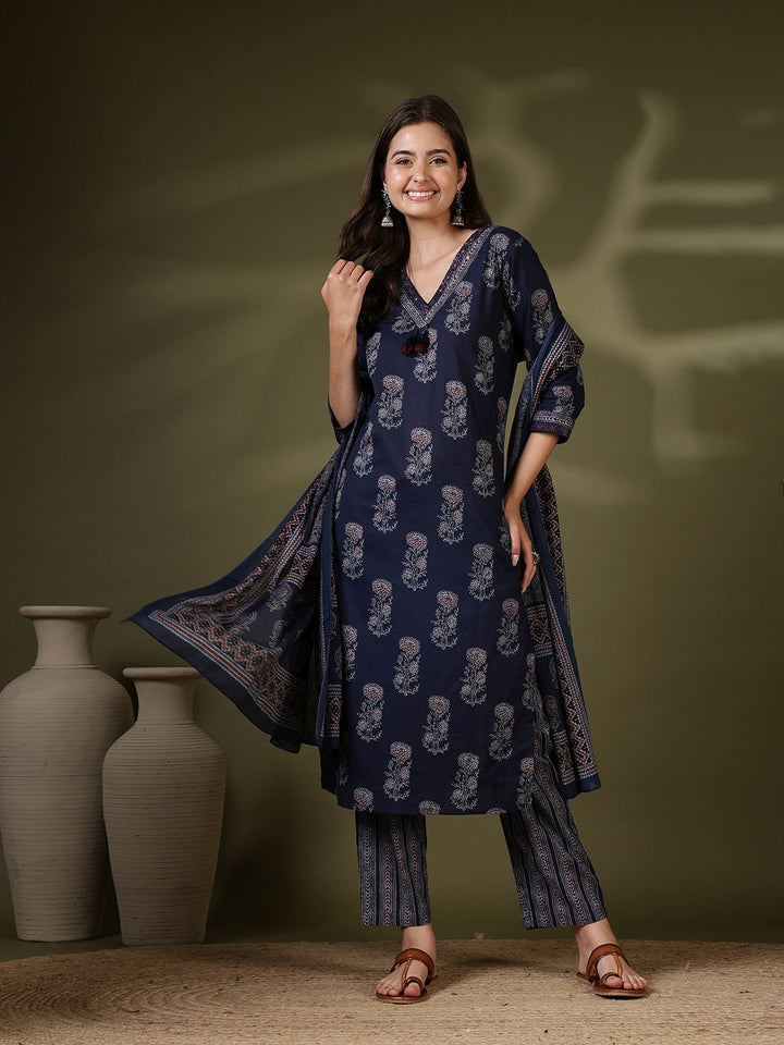Printed Cotton Blend Kurta With Pant &amp; Dupatta