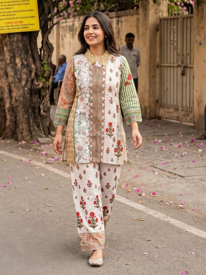 Sea Green Printed Muslin Collar Neck Kurta Set