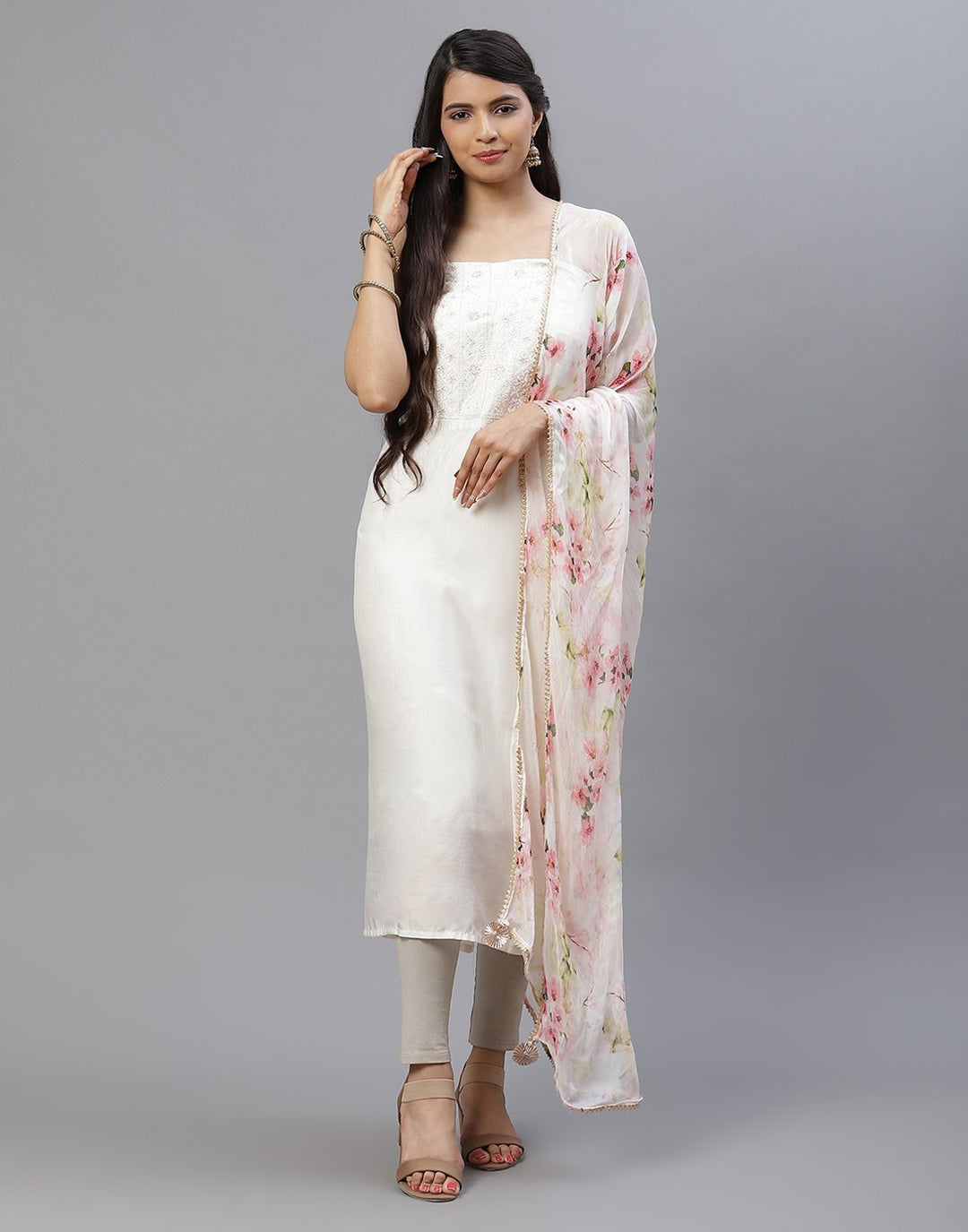 Embroidered Chanderi Suit Piece With Printed Chiffon Dupatta