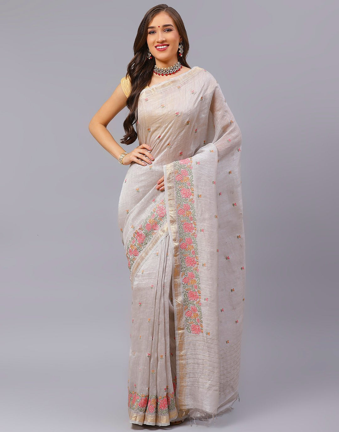 Embroidery Pink and Grey Saree