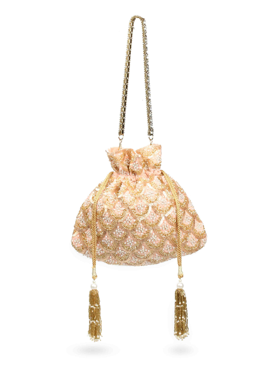 Golden Sequin &amp; Pearl Embroidered Potli Bag