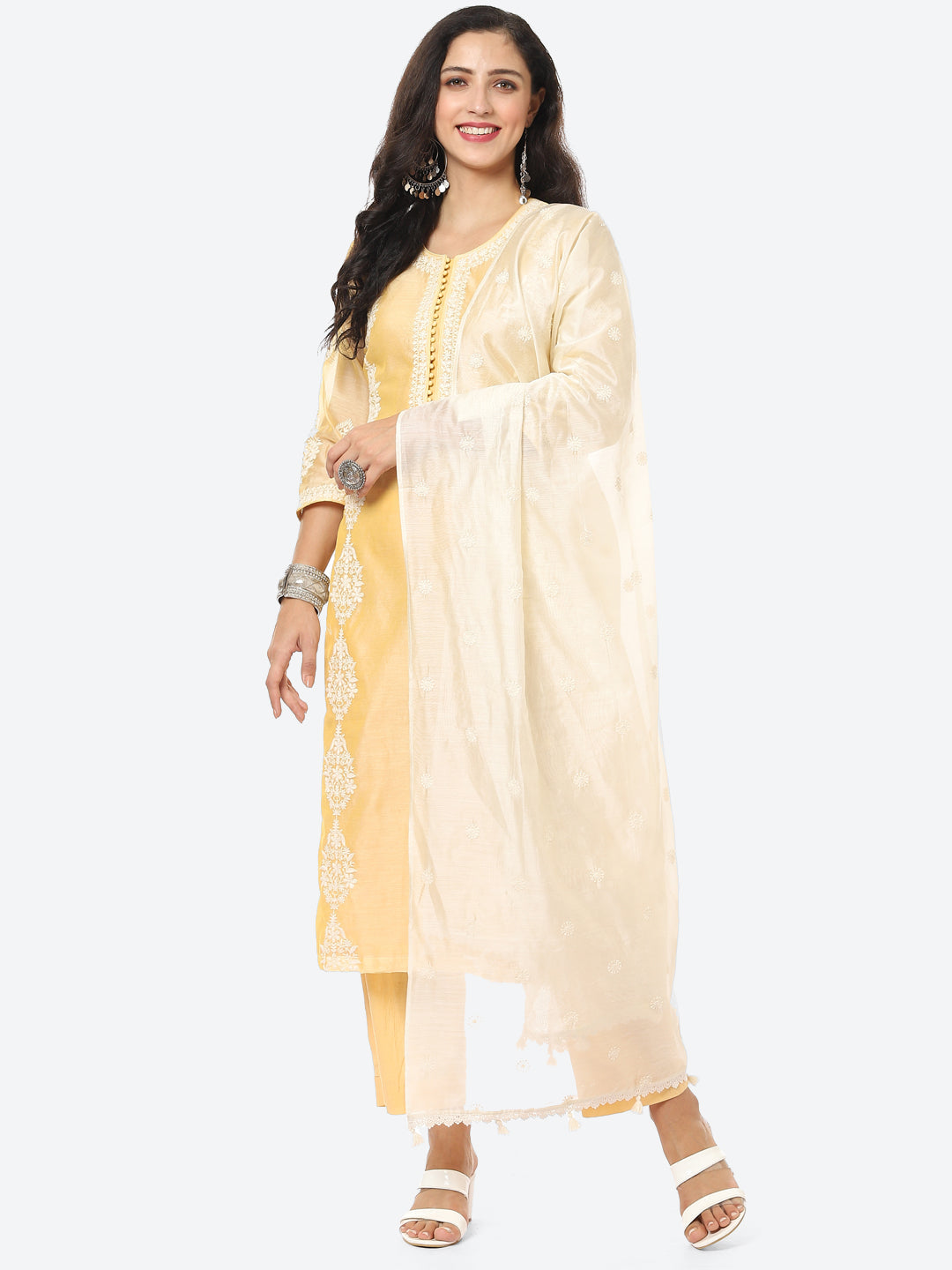 Resham Booti Cotton Stitched Salwar Kameez With Embroidered Chanderi Dupatta
