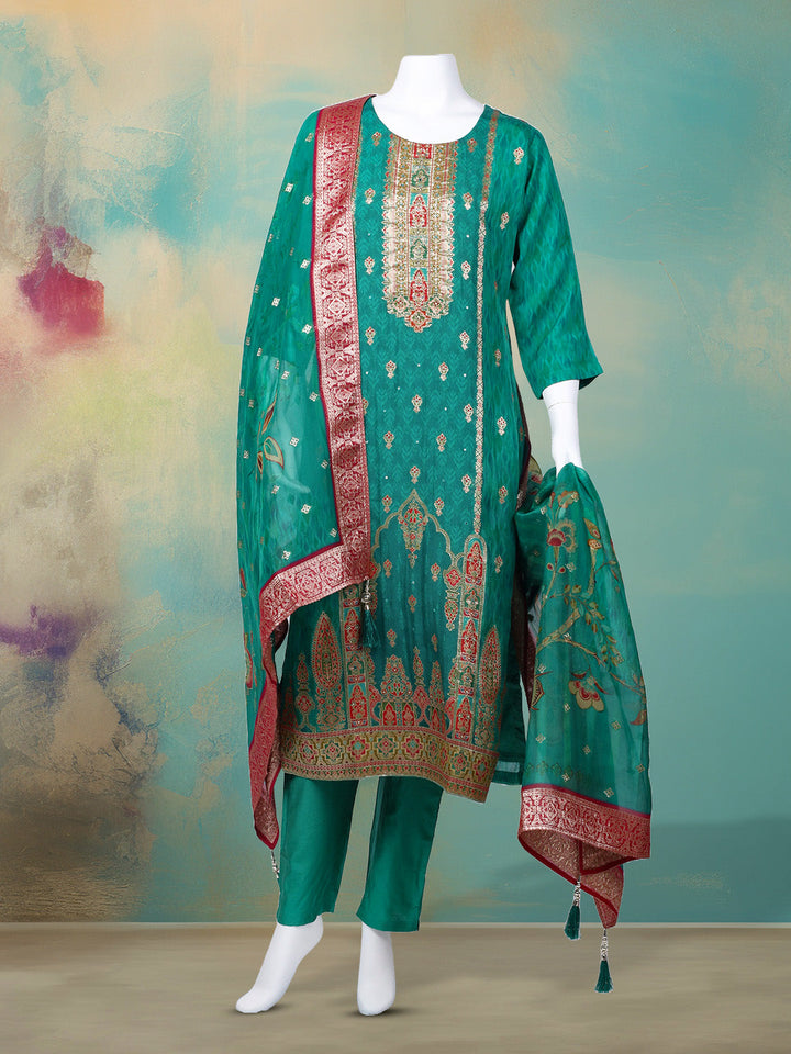 Bandhani Printed Organza Kurta With Pants &amp; Dupatta