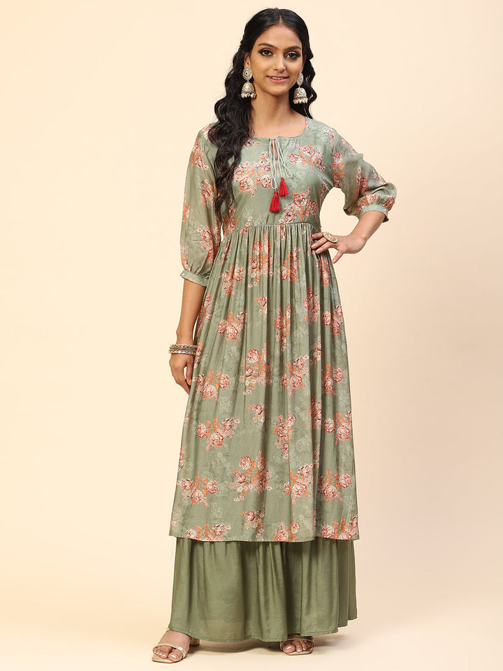 Floral Printed Muslin Kurta With Sharara