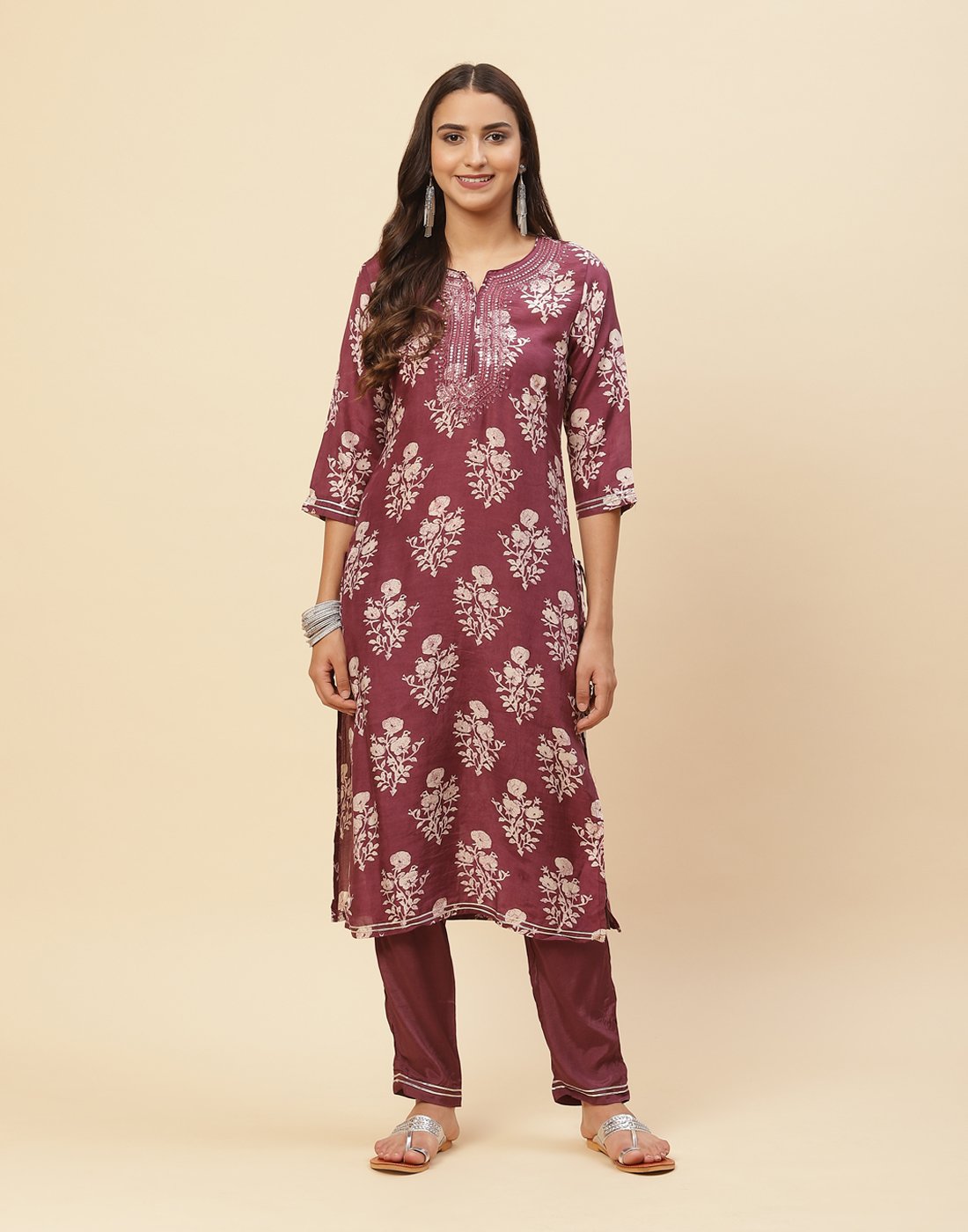 Printed Mirror Work Cotton Muslin Kurti With Pant