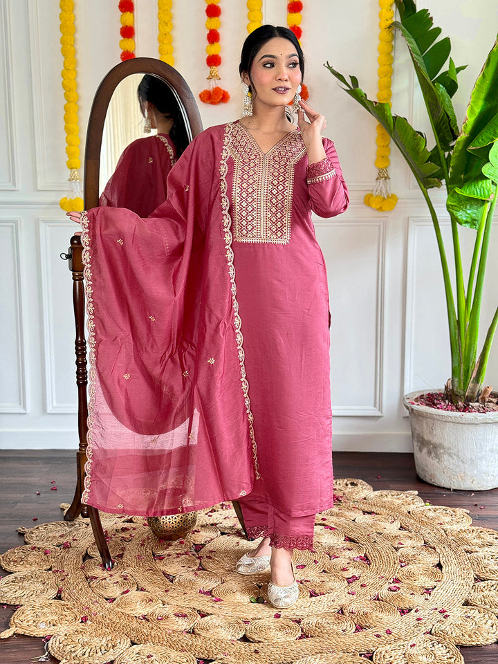 Neck Embroidery Cotton Blend Kurta With Pants &amp; Dupatta