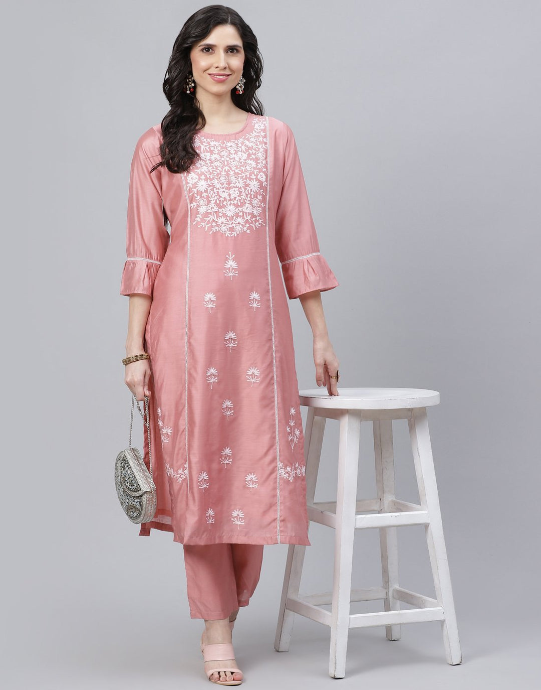 Embroidered Chanderi Kurti with Pant Set